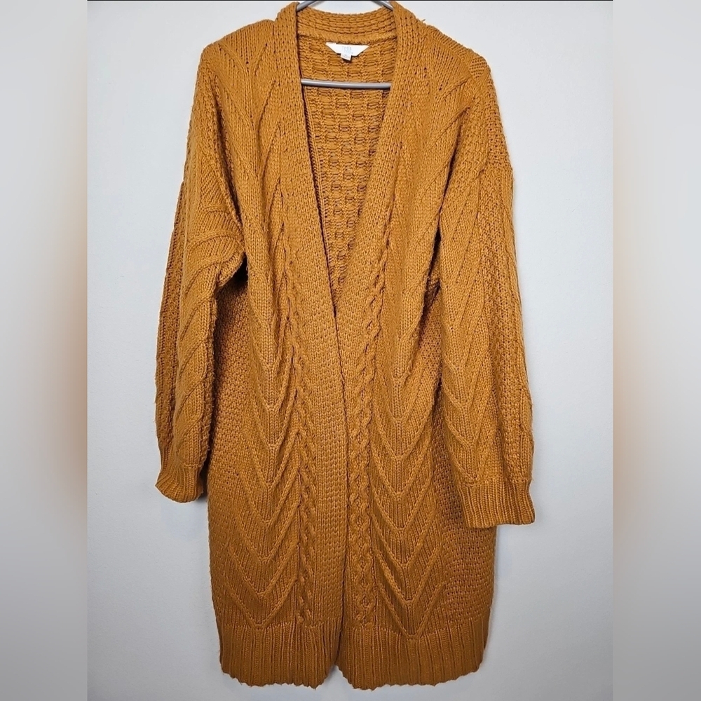 Time & Tru Brown Long Granny Sweater Cardigan Cable Knit Size XL Womens